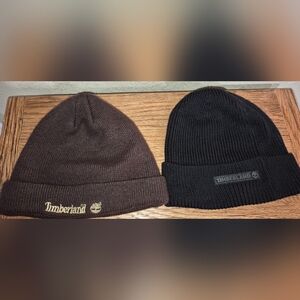 Lot Of 3:  2 Timberland Beanies & Scarf , Black & Brown,  1 Tan & White Scarf